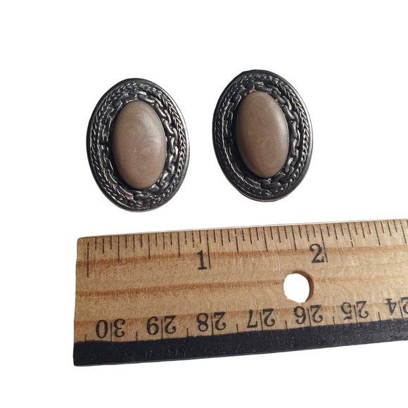 Oval Cabochon Grey Metal Vintage Earrings Womens Jewelry Costume Medium Weight - Picture 3 of 5